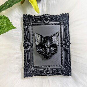 3.8" Mini Framed Victorian Gothic Tiny CAT SKULL Wall Plaque • Gothic Home Decor